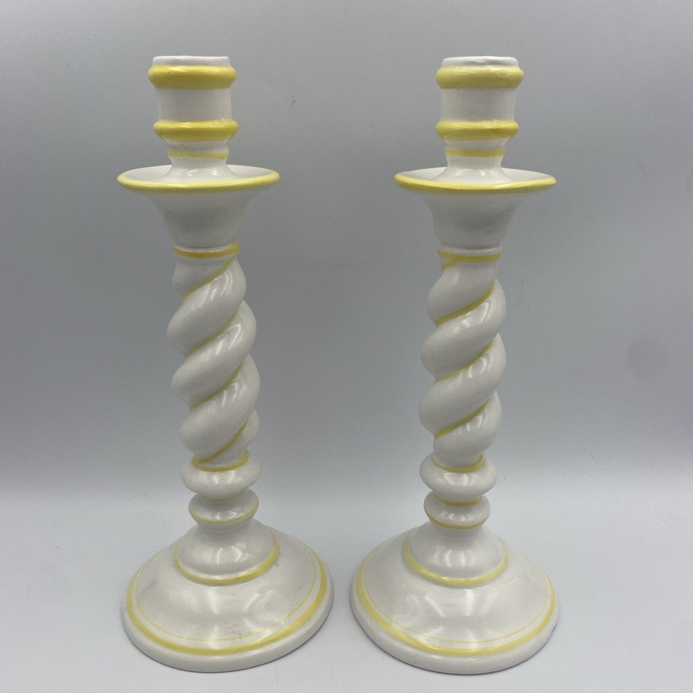 Vintage Italian 1970s‎ Hand Painted Spiral Barley Twist Pottery Candlesticks 11"